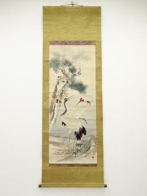 明治癸卯（1903年）　植松政子作　松鶴図　刺繍　絹本掛軸（保護箱）